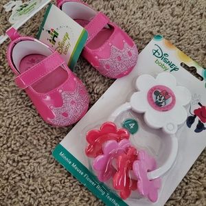 Disney Baby Teether and Pink Crib Shoes Bundle